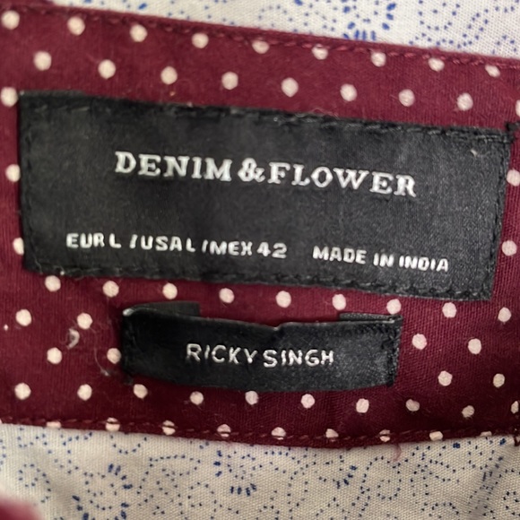 Denim & Flower Burgundy with White dots long sleeve Button Down- Large - Picture 3 of 13
